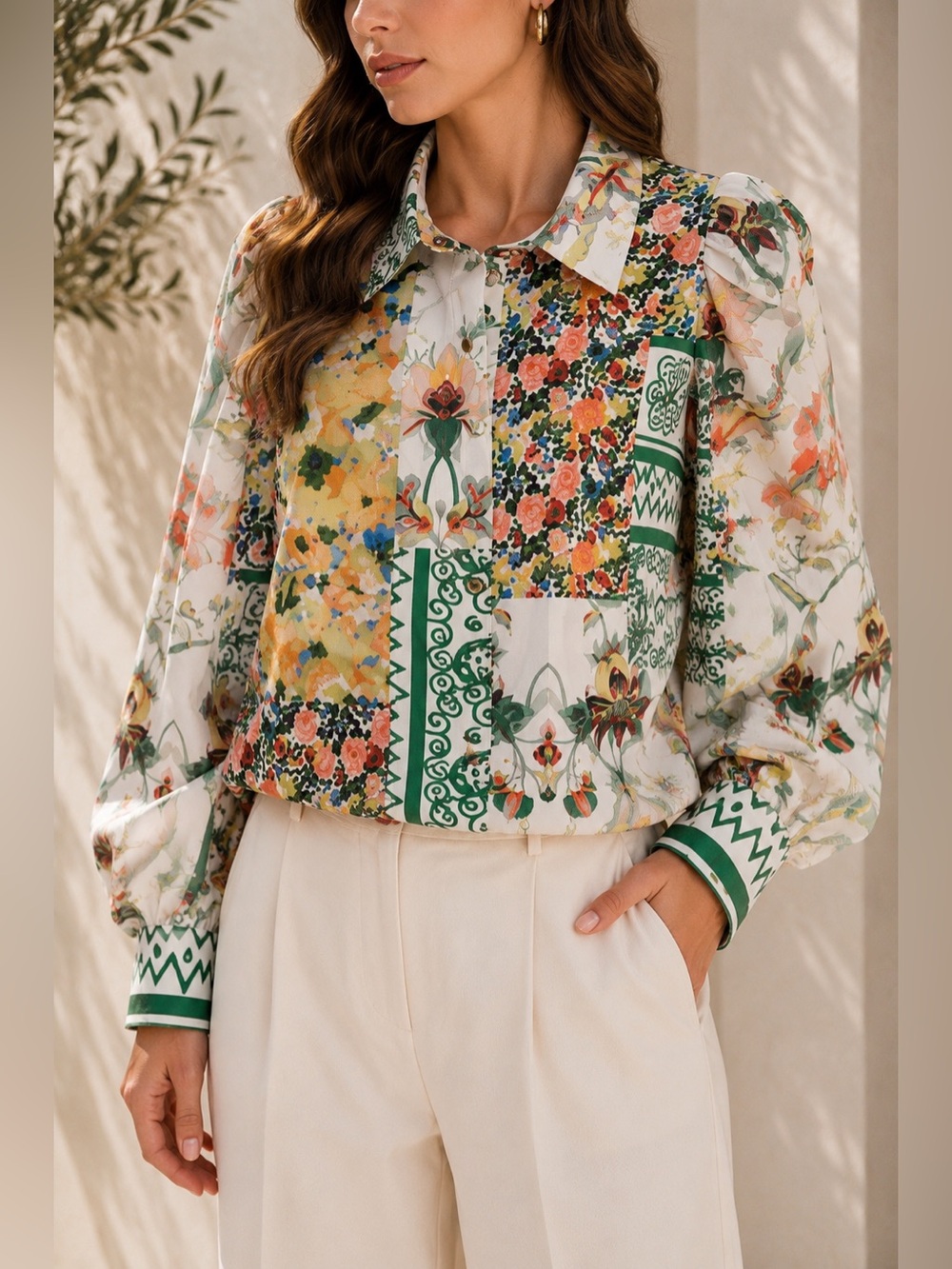 Everlynn Patchwork Floral Print Blouse Puff Sleeve Button Down Top Size L